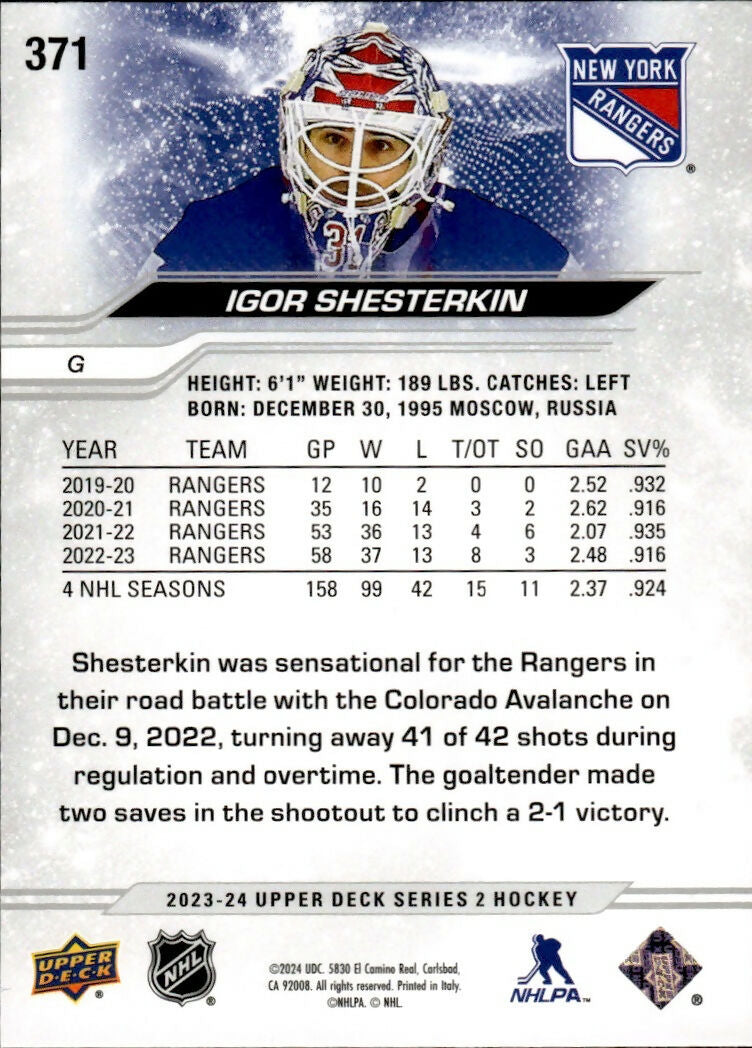 2023-24 Upper Deck Series 2 Hockey - Base #371 Igor Shesterkin - New York Rangers