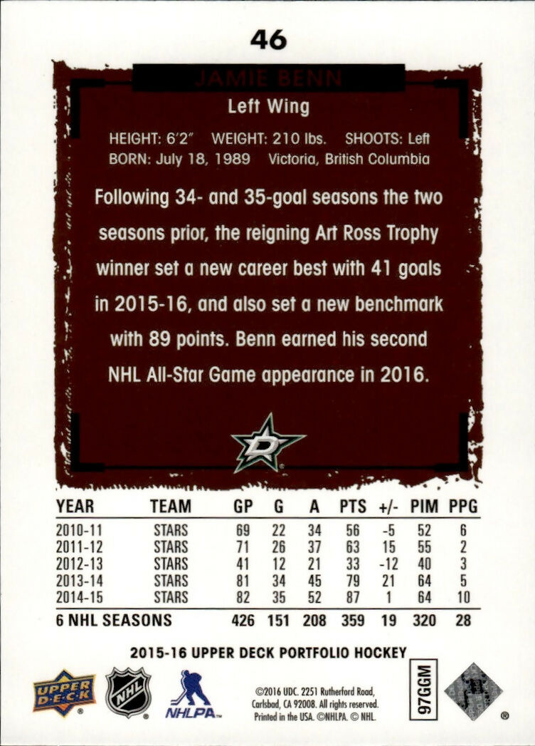 2015-16 Upper Deck Portfolio Hockey - Base #46 Jamie Benn - Dallas Stars