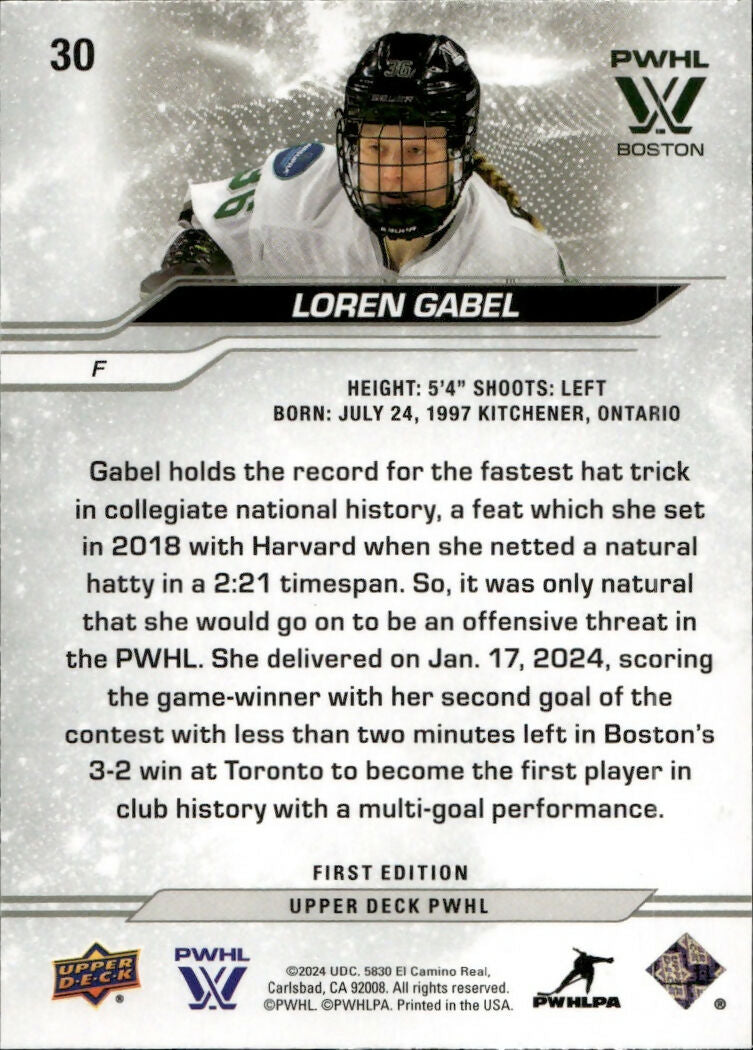2024-25 Upper Deck PWHL Hockey - Base #30 Loren Gabel - Boston Fleet - B