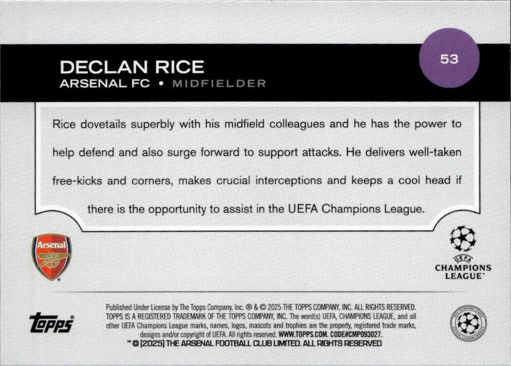 2024-25 Topps UEFA Club Competitions - Base #53 Declan Rice - Arsenal FC - B