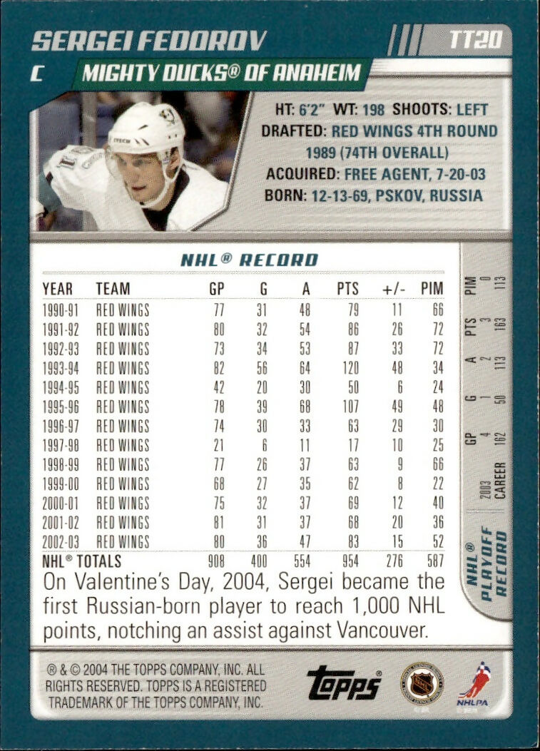 2003-04 Topps Traded - Base - Blue :500 #TT20 Sergei Fedorov - Mighty Ducks OF Anaheim - B