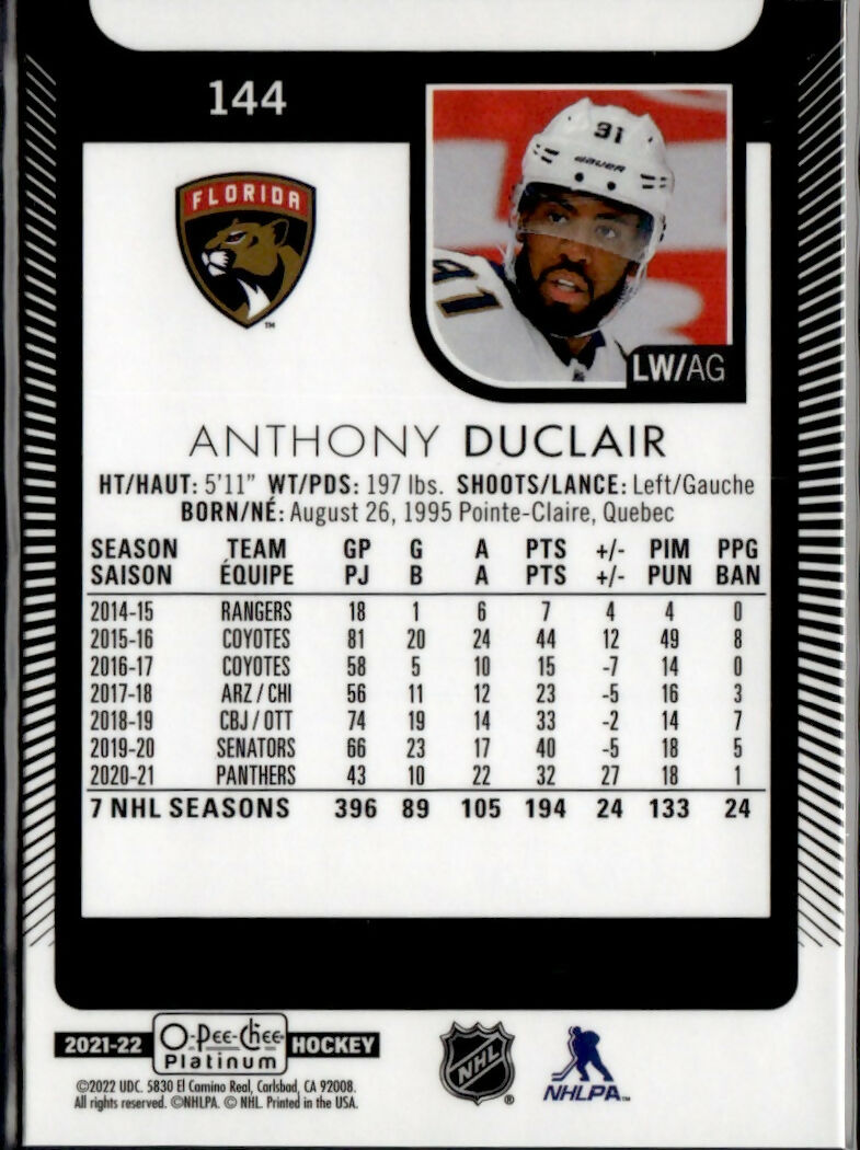 2021-22 Upper Deck O-Pee-Chee Platinum Hockey - Base #144 Anthony Duclair - Florida Panthers - B