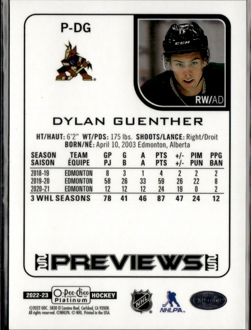 2022-23 Upper Deck O-Pee-Chee Platinum Hockey - Base - Preview #P-DG Dylan Guenther - Arizona Coyotes - B