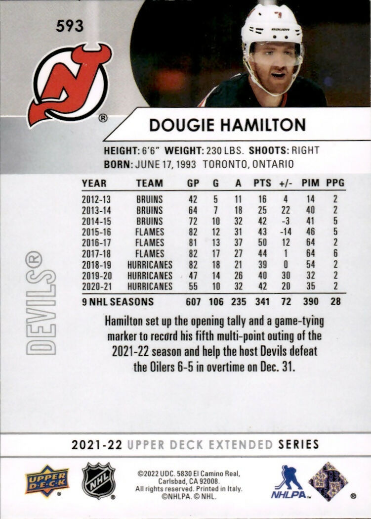 2021-22 Upper Deck Extended Series Hockey - Base #593 Dougie Hamilton - New Jersey Devils