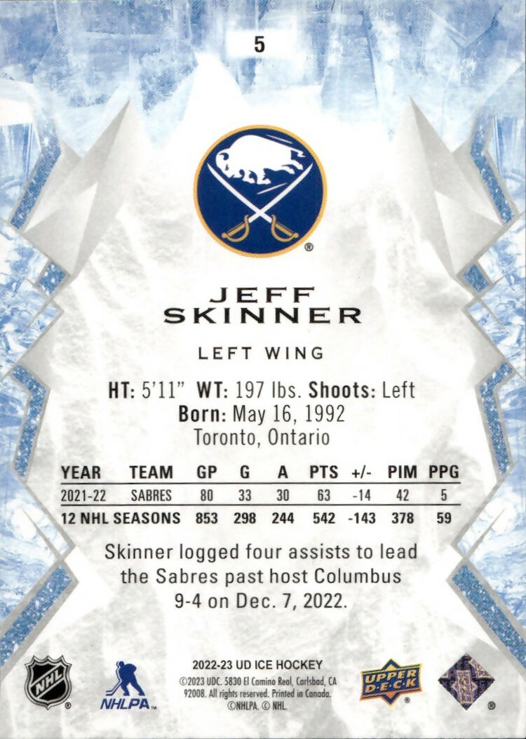 2022-23 Upper Deck Ice Hockey - Base - Green #5 Jeff Skinner - Buffalo Sabres - B