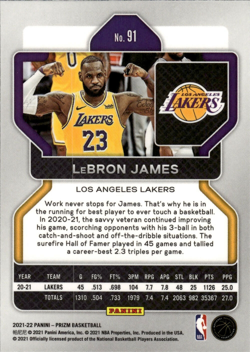 2021-22 Panini Prizm Basketball - Base # 91 LeBron James - Los Angeles Lakers