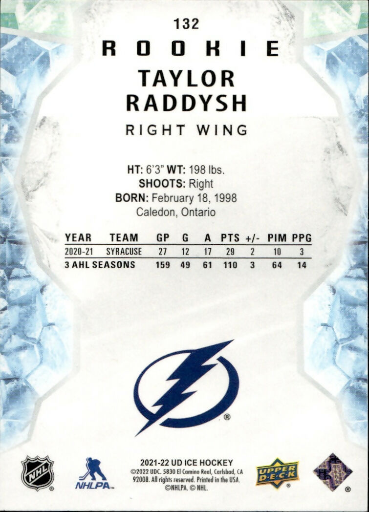 2021-22 Upper Deck Ice Hockey - Base - Rookie #132 Taylor Raddysh - Tampa Bay Lightning - B