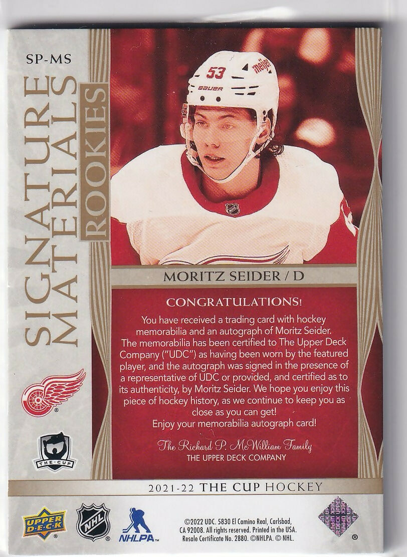 2021-22 Upper Deck The Cup - Signature Materials - Rookies :99 #SP-MS Moritz Seider - Detroit Red Wings - B