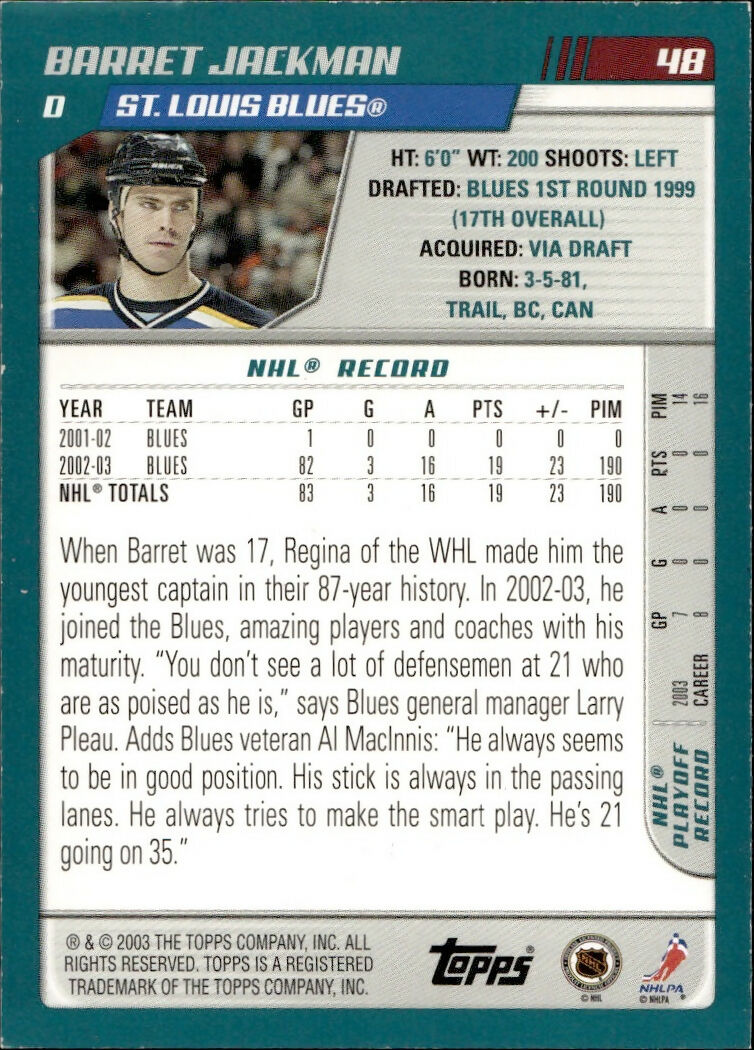 2003-04 O-Pee-Chee - Base - Red :100 #48 Barret Jackman - St. Louis Blues - B