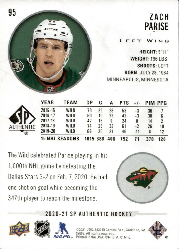 2020-21 Upper Deck Sp Authentic Hockey - Base #95 Zach Parise - Minnesota Wild - B