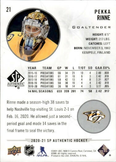 2020-21 Upper Deck Sp Authentic Hockey - Base #21 Pekka Rinne - Nashville Predators