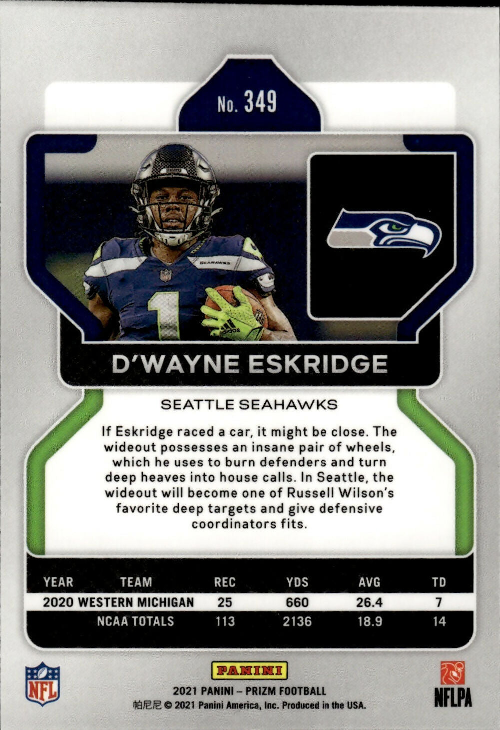 2021 Panini Prizm Football Base #349 D’Wayne Eskridge RC Seattle Seahawks - B