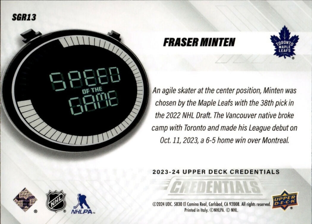 2023-24 Upper Deck Credentials - Speed of the Game Stars #SGR13 Fraser Minton - Toronto Maple Leafs - B