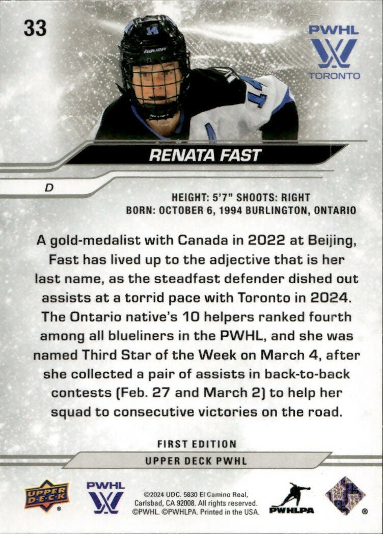 2024-25 Upper Deck PWHL Hockey - Base #33 Renata Fast - Toronto Sceptres - B