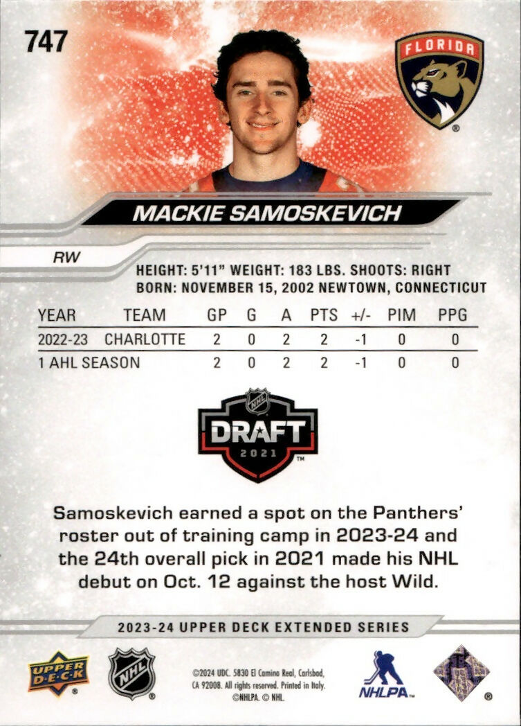 2023-24 Upper Deck Extended Series - Base - 1st Round Rookies #747 Mackie Samoskevich - Florida Panthers - B