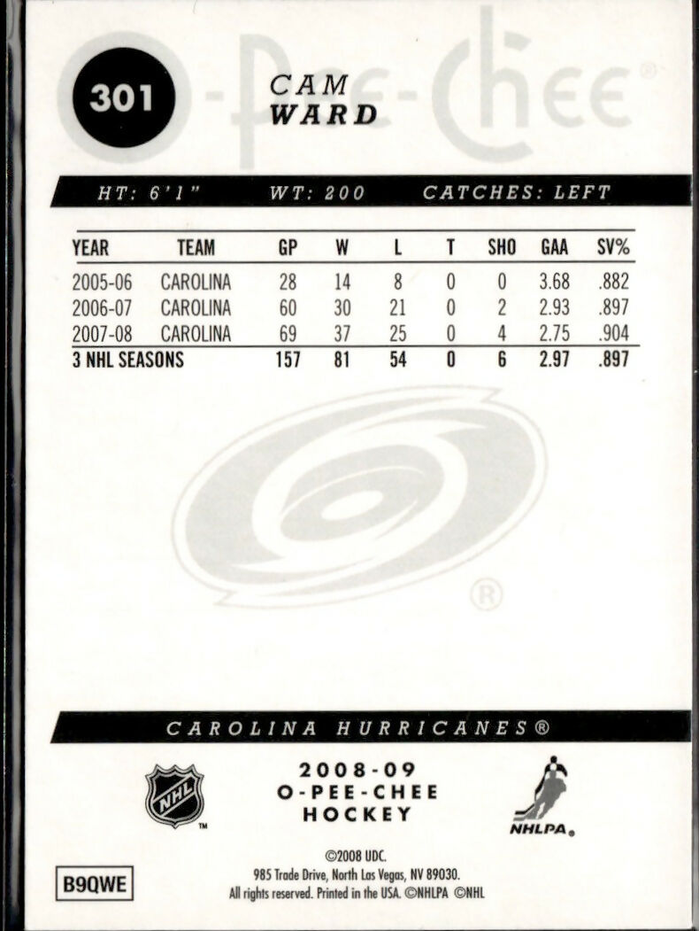 2008-09 O-Pee-Chee Hockey - Base - Rainbow Foil #301 Cam Ward - Carolina Hurricanes - B