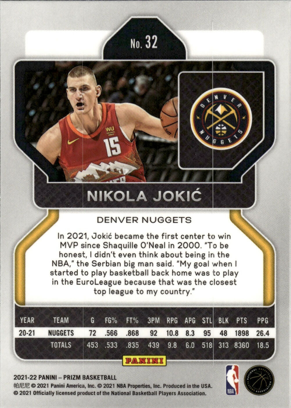 2021-22 Panini Prizm Basketball - Base # 32 Nikola Jokic - Denver Nuggets