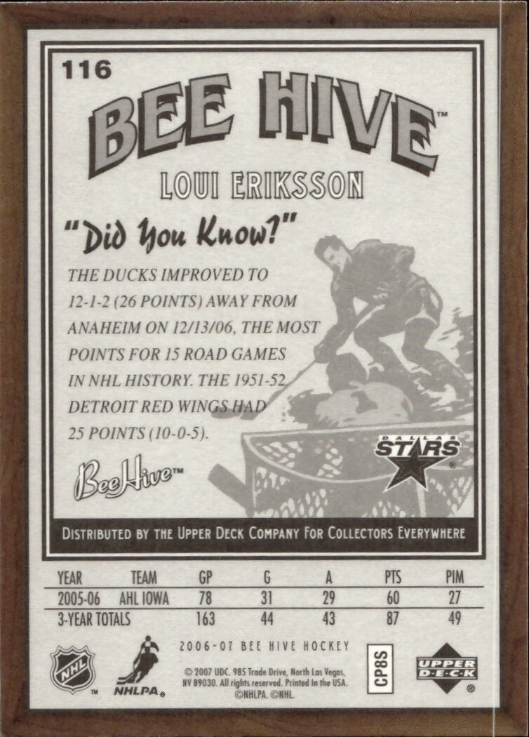2006-07 Upper Deck - Bee Hive Hockey - Base #116 Loui Eriksson - Dallas Stars - B