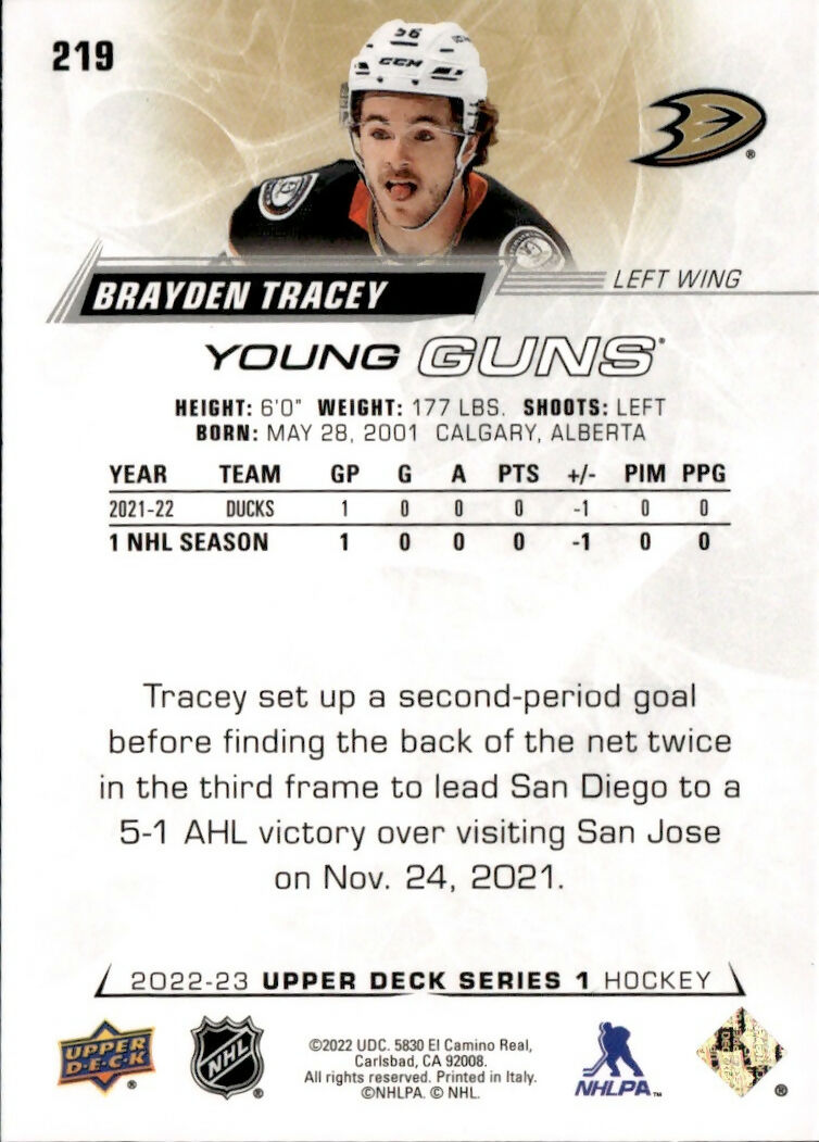 2022-23 Upper Deck Series 1 Hockey - Base - Young Guns #219 Brayden Tracey - Anaheim Ducks - B
