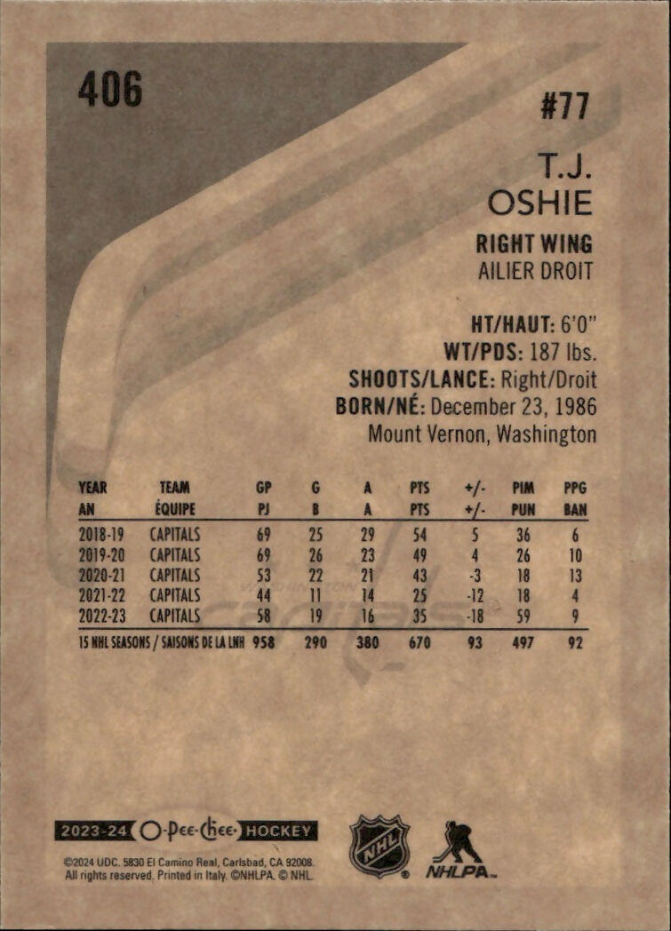 2023-24 Upper Deck O-Pee-Chee Hockey - Base - Retro #406 T.J. Oshie - Washington Capitals - B