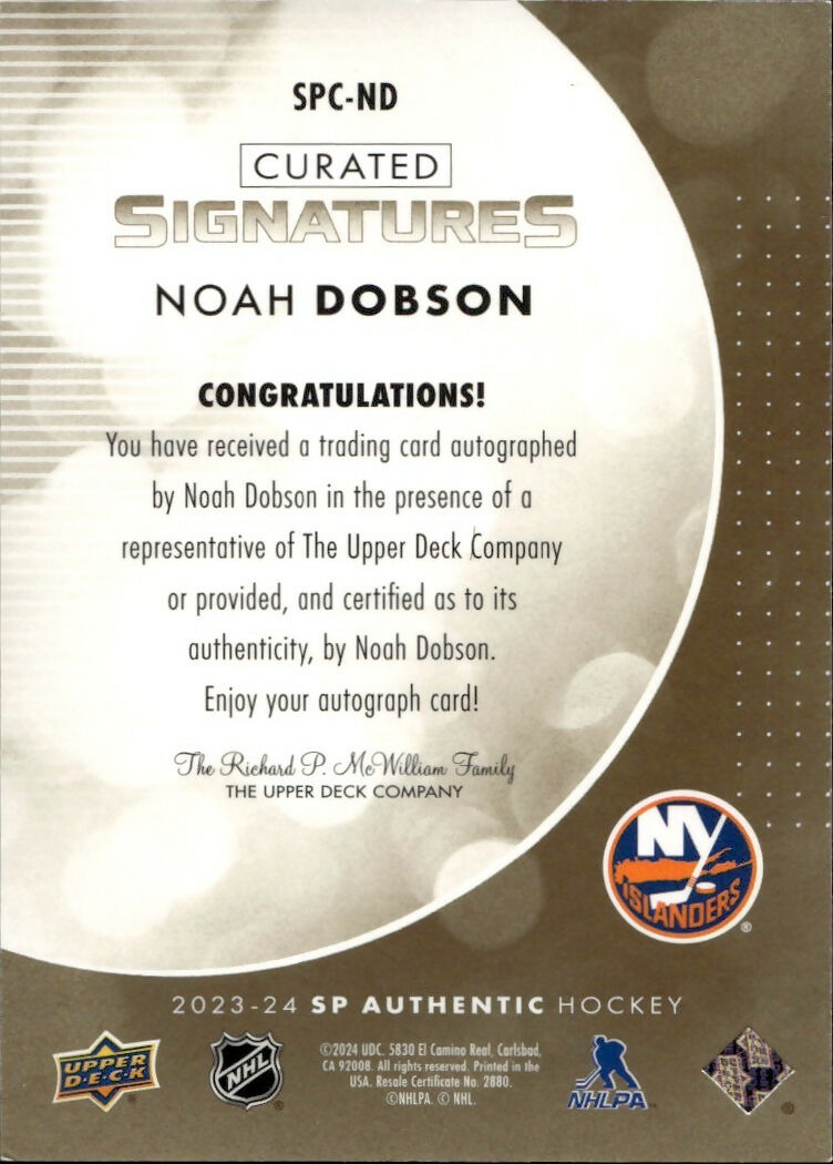 2023-24 Upper Deck SP Authentic Hockey - Curated Signatures #SPC-ND Noah Dobson - New York Islanders - B