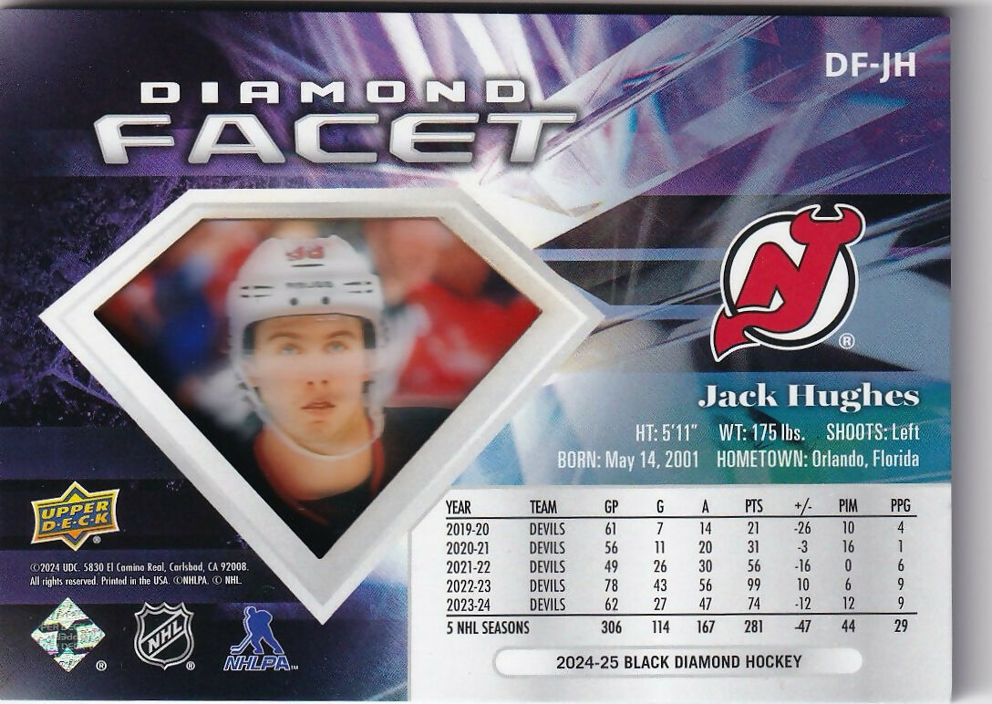 2024-25 Upper Deck Black Diamond Hockey - Diamond Facet #DF-JH Jack Hughes - New Jersey Devils - B