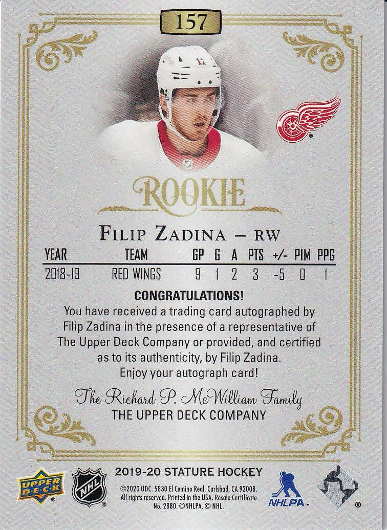 2019-20 Upper Deck Stature Autographs Auto #157 Filip Zadina Detroit Red Wings