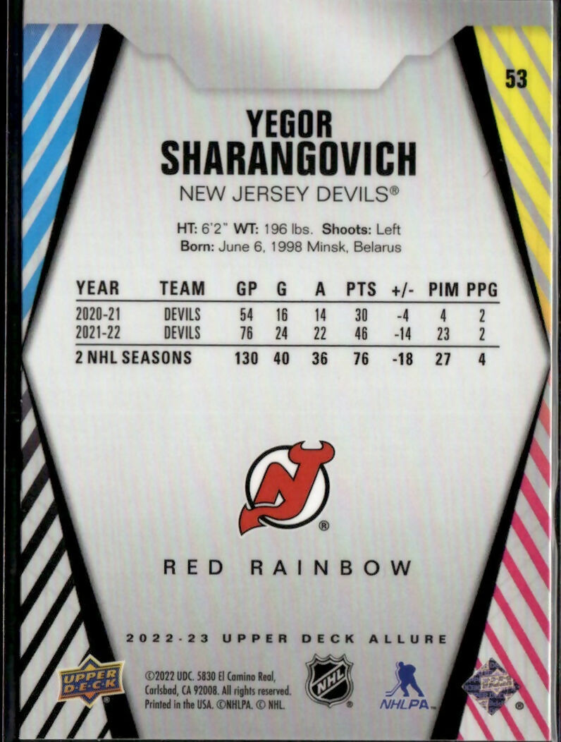 2022-23 Upper Deck Allure Hockey - Base - Red Rainbow #53 Yegor Sharangovich - New Jersey Devils