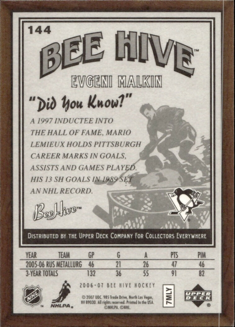 2006-07 Upper Deck - Bee Hive Hockey - Base #144 Evgeni Malkin - Pittsburgh Penguins - B
