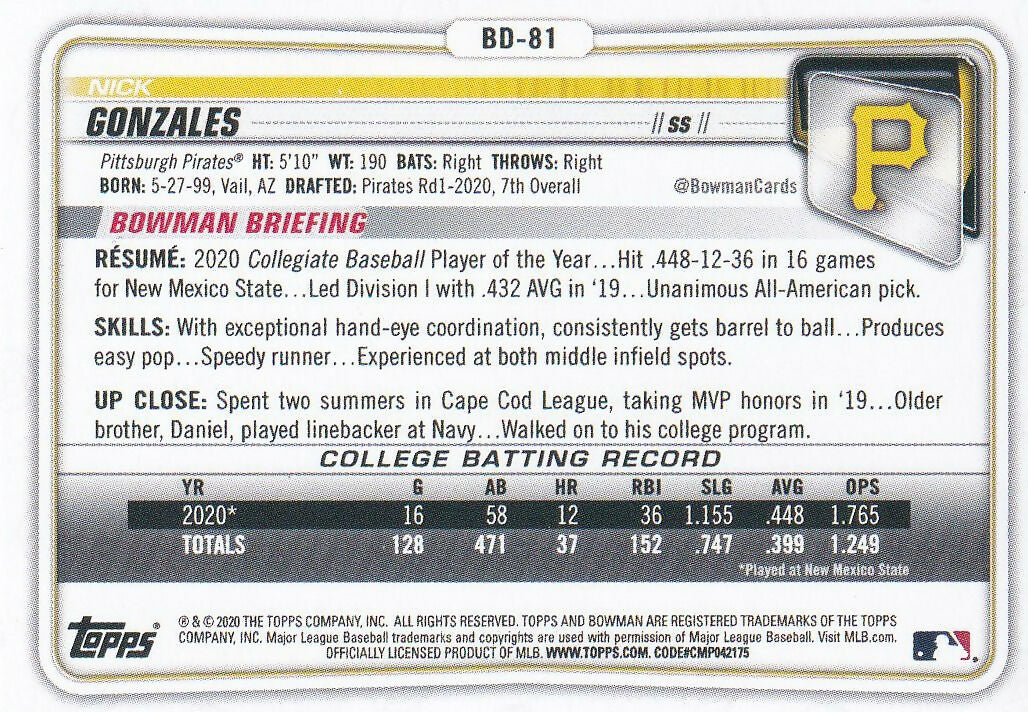 2020 Bowman Draft Blue #BD-81 Nick Gonzales Pittsburgh Pirates