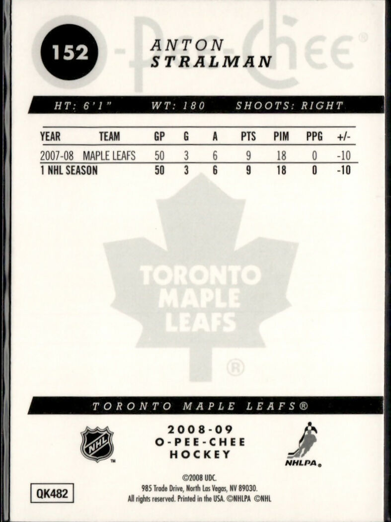 2008-09 O-Pee-Chee Hockey - Base - Rainbow Foil #152 Anton Stralman - Toronto Maple Leafs - B