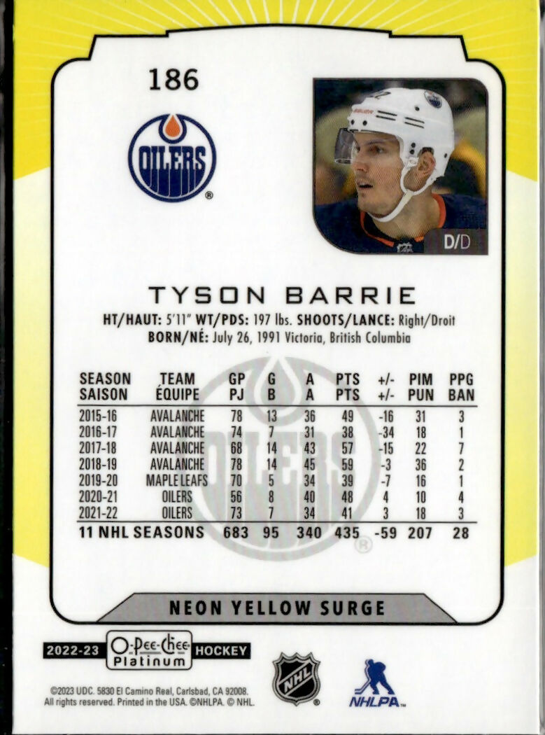 2022-23 Upper Deck O-Pee-Chee Platinum Hockey - Base - Neon Yellow Surge #186 Tyson Barrie - Edmonton Oilers - B
