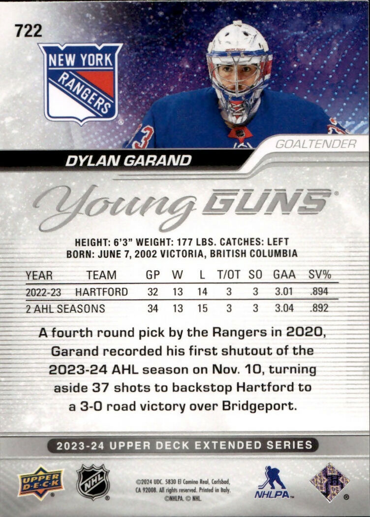 2023-24 Upper Deck Extended Series Hockey - Base - Young Guns #722 Dylan Garand - New York Rangers - B
