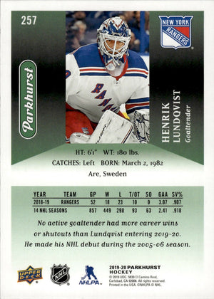 2019-20 Upper Deck Parkhurst Hockey - Base #257 Henrik Lundqvist - New York Rangers