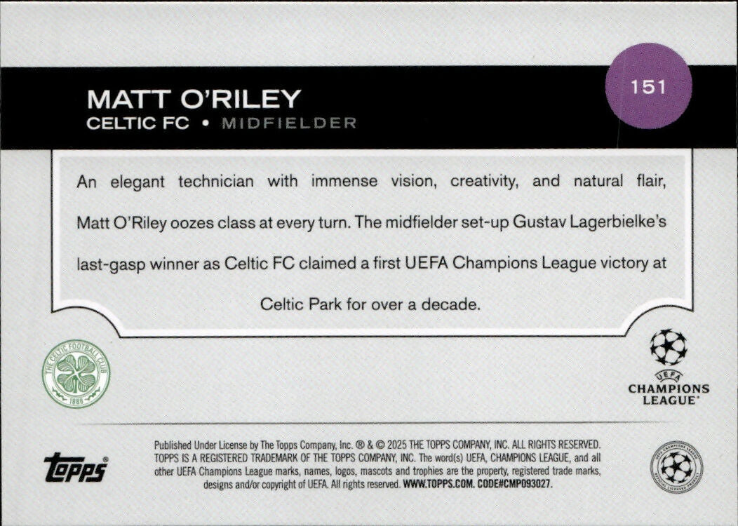 2024-25 Topps UEFA Club Competitions - Base #151 Matt O'Riley - Celtic FC - B