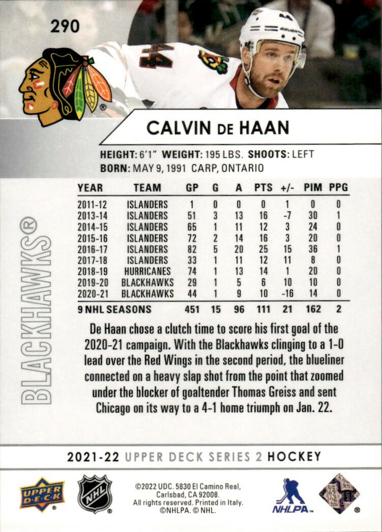 2021-22 Upper Deck Series 2 Hockey - Base #290 Calvin de Haan - Chicago Blackhawks - B
