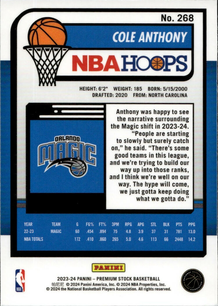 2023-24 Panini NBA Hoops Premium Stock - Base #268 Cole Anthony - Orlando Magic - B