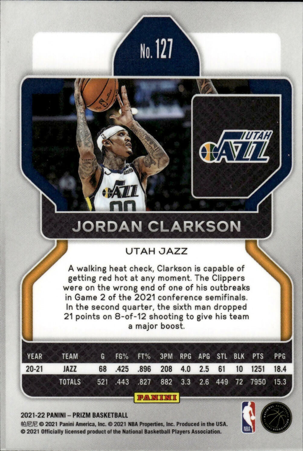 2021-22 Panini Prizm Basketball - Base # 127 Jordan Clarkson - Utah Jazz