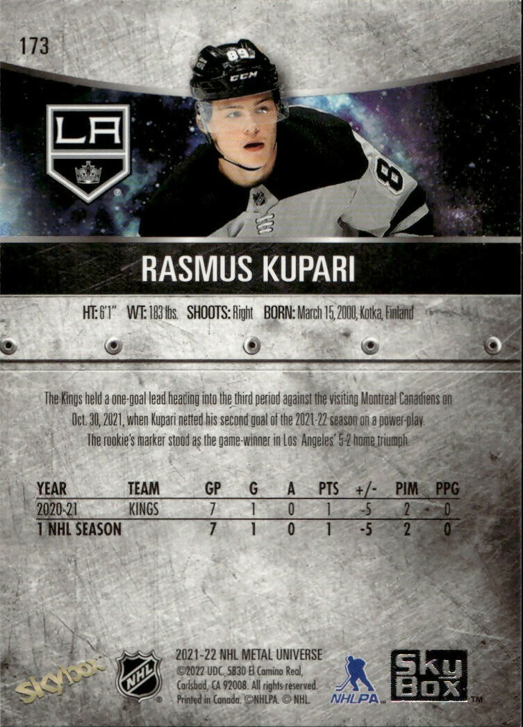 2021-22 Upper Deck Skybox Metal Universe - Base - Rookies #173 Rasmus Kupari - Los Angeles Kings - B