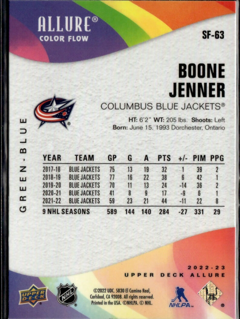 2022-23 Upper Deck Allure Hockey - Color Flow - Green-Blue #SF-63 Boone Jenner - Columbus Blue Jackets