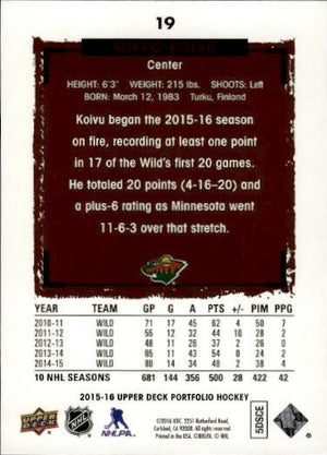 2015-16 Upper Deck Portfolio Hockey - Base #19 Mikko Koivu - Minnesota Wild