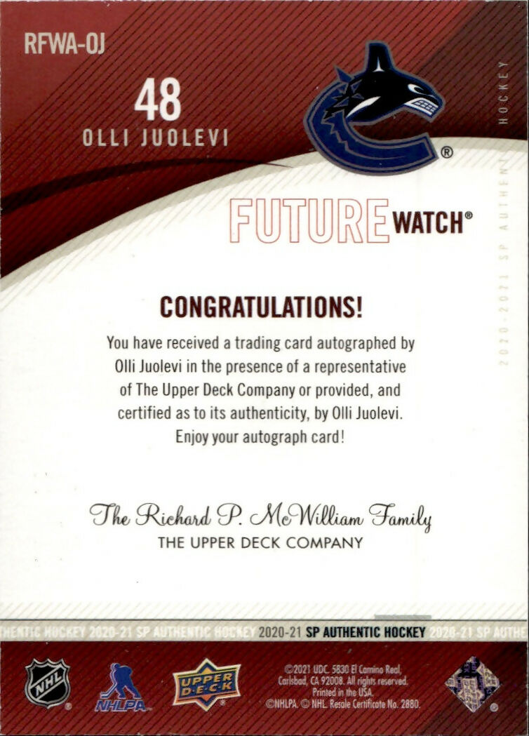 2020-21 Upper Deck SP Authentic Hockey - Base - Future Watch Auto :399 #RFWA-OJ Olli Juolevi - Vancouver Canucks - B