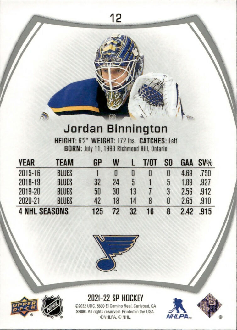 2021-22 Upper Deck SP Authentic Hockey - Base #12 Jordan Binnington - St. Louis Blues - B