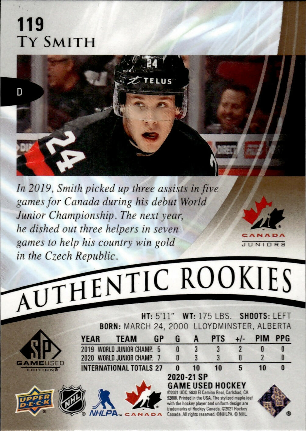 2020-21 Upper Deck SP Game Used Hockey - Authenitc Rookies /299 #119 Ty Smith - New Jersey Devils