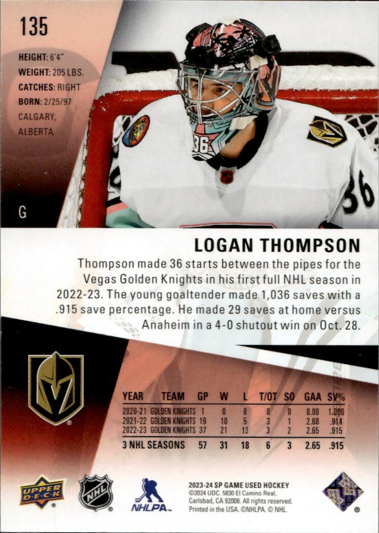 2023-24 Upper Deck SP Game Used Hockey - Base - Red :223 #135 Logan Thompson - Vegas Golden Knights - B