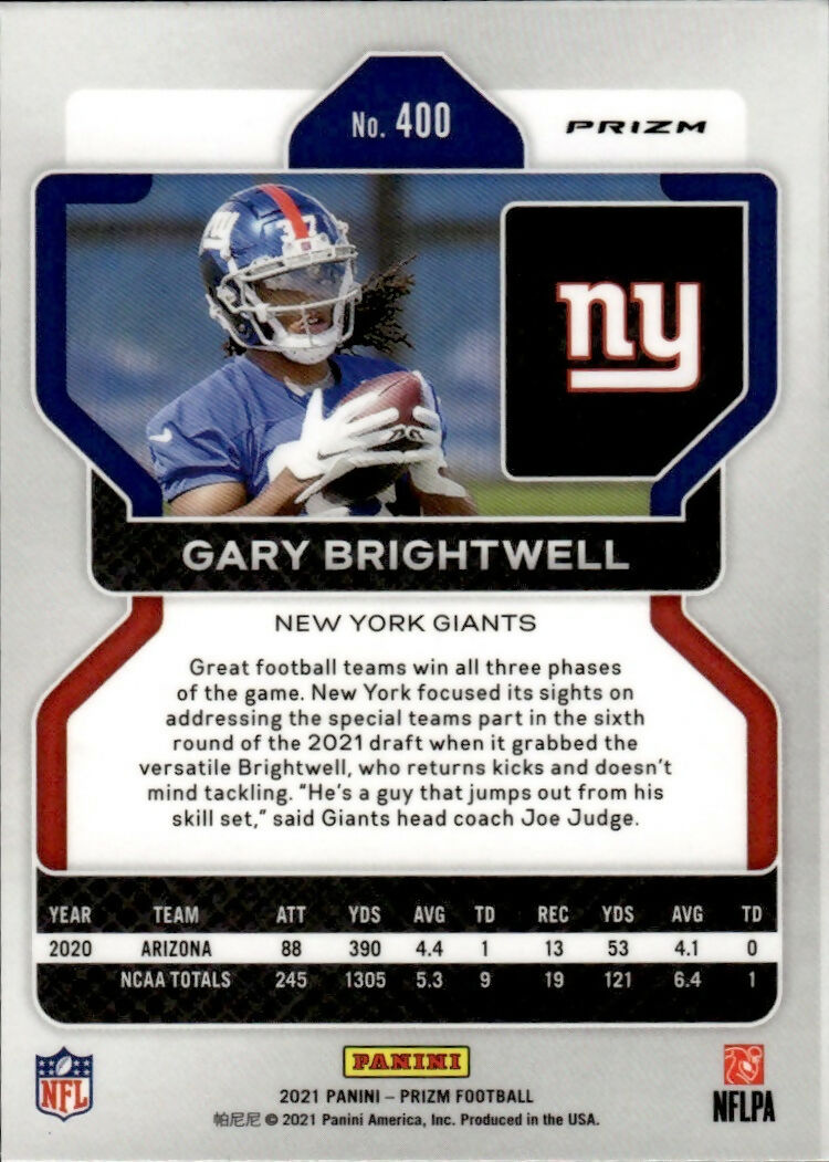 2021 Panini Prizm Football Base - Red White And Blue Prizm #400 Gary Brightwell RC New York Giants - B