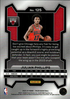 2023-24 Panini Prizm Basketball Base #125 Julian Phillips, Chicago Bulls - B