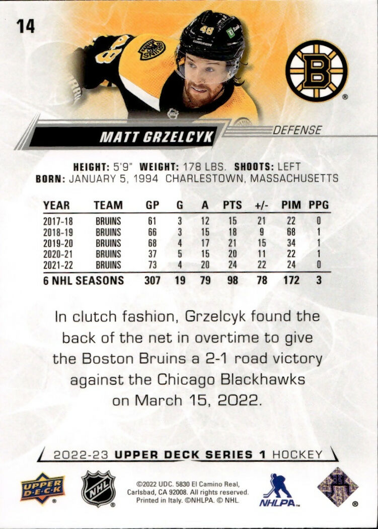 2022-23 Upper Deck Series 1 Hockey - Base #14 Matt Grzelcyk - Boston Bruins - B