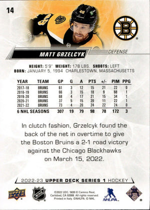 2022-23 Upper Deck Series 1 Hockey - Base #14 Matt Grzelcyk - Boston Bruins - B