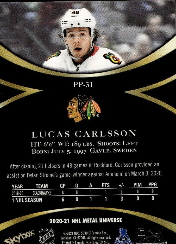 2020-21 Upper Deck Skybox Metal Universe - Premium Prospects #PP-31 Lucas Carlsson - Chicago Blackhawks - B